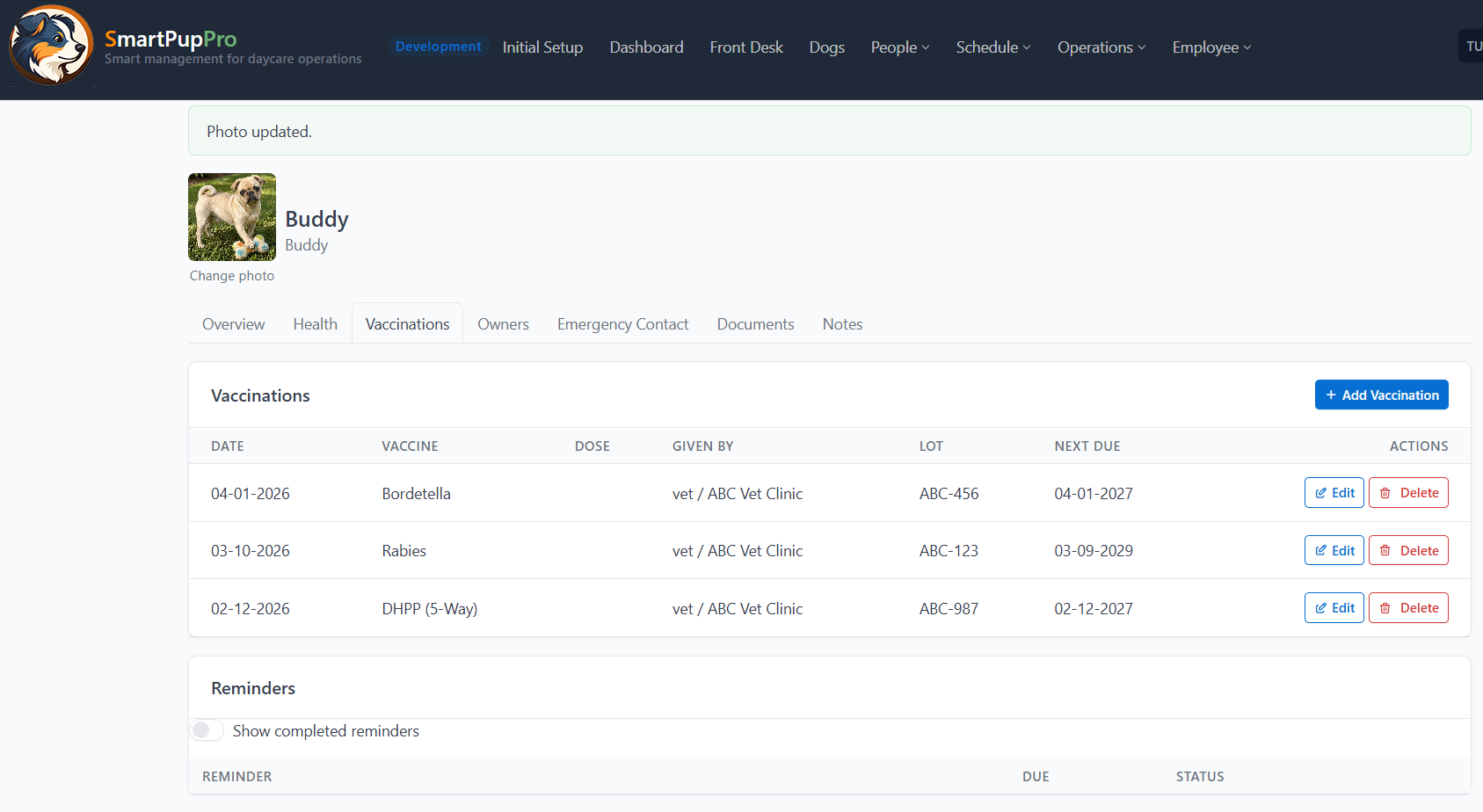 SmartPupPro dog boarding vaccination tracking screen